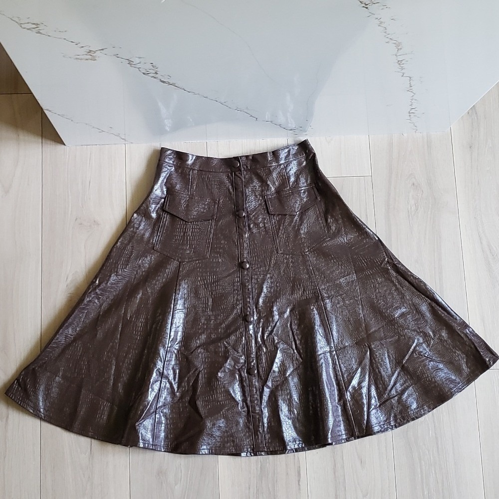 Apparis Skirt Womens Large Brown Faux Leather Croc Embossed Button Front A-Line